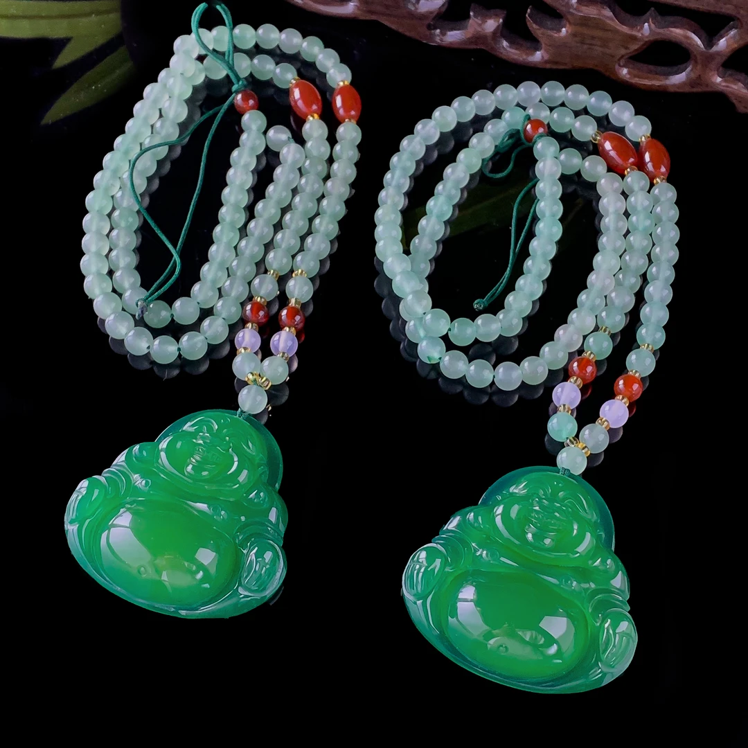 q-S7057-青碧冰芙蓉玛瑙佛公-配珠链绳-多样性发其一