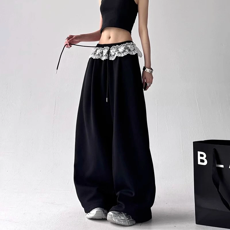 新款阔腿裤女夏季新款2025纯色宽松蕾丝抽绳休闲韩系垂感运动长裤