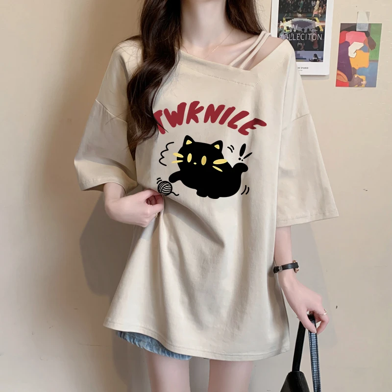 纯棉斜领短袖T恤女夏季2025爆款韩版时尚百搭大码显瘦设计感上衣