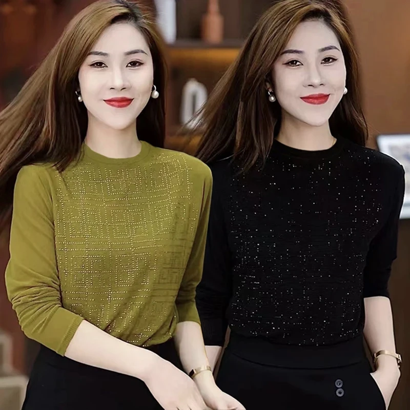 春季新款修身显瘦时尚圆领纯色烫钻长袖打底衫大码遮肚子减龄上衣
