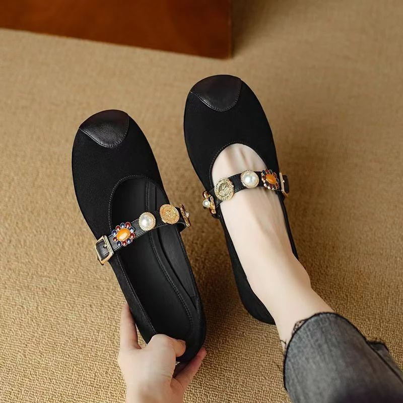 羊皮磨砂复古真皮圆头浅口单鞋女玛丽珍鞋2025春秋新款平底奶奶鞋