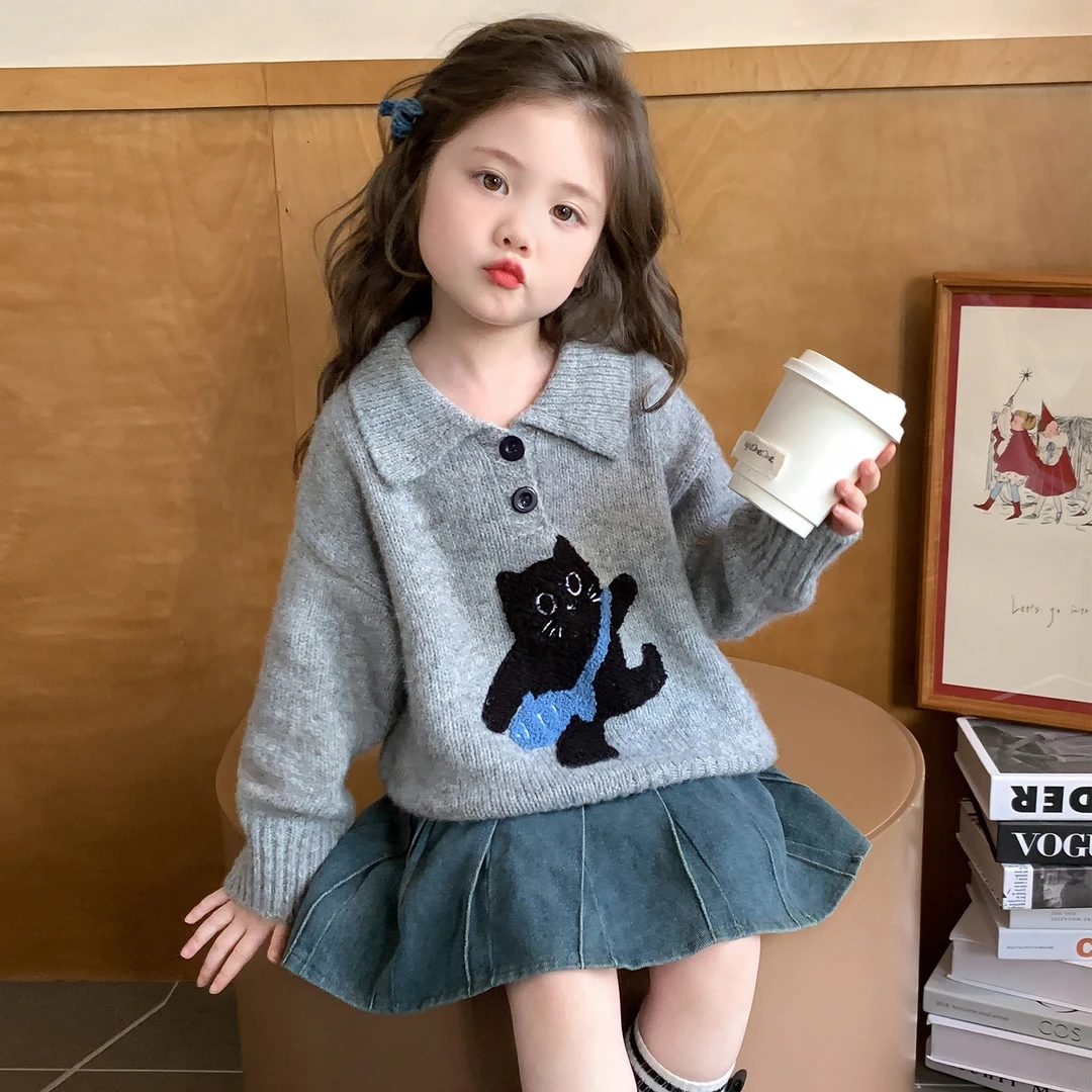 女童秋季翻领毛衣2025儿童韩系百搭针织衫女宝宝学院风慵懒风上衣