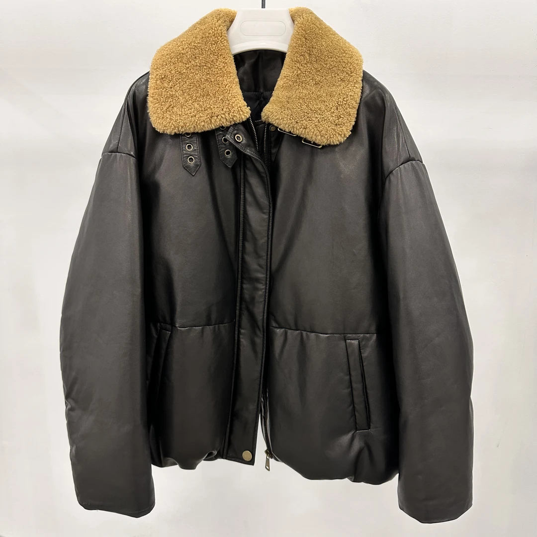 进口植鞣油蜡皮冬季翻领中长款短外套加绒加厚真皮女装外套女装