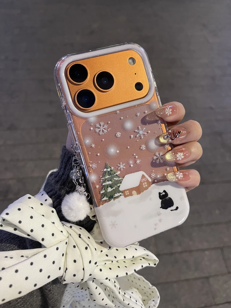 泼墨雪花雪地猫咪苹果17promax双层iPhone16闪粉15可爱透色手机壳