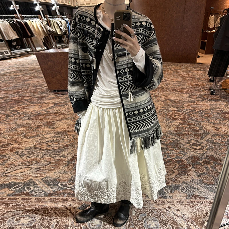 河岸家设计师ICE DUST休闲宽松复古圆领条纹提花流苏外套25秋