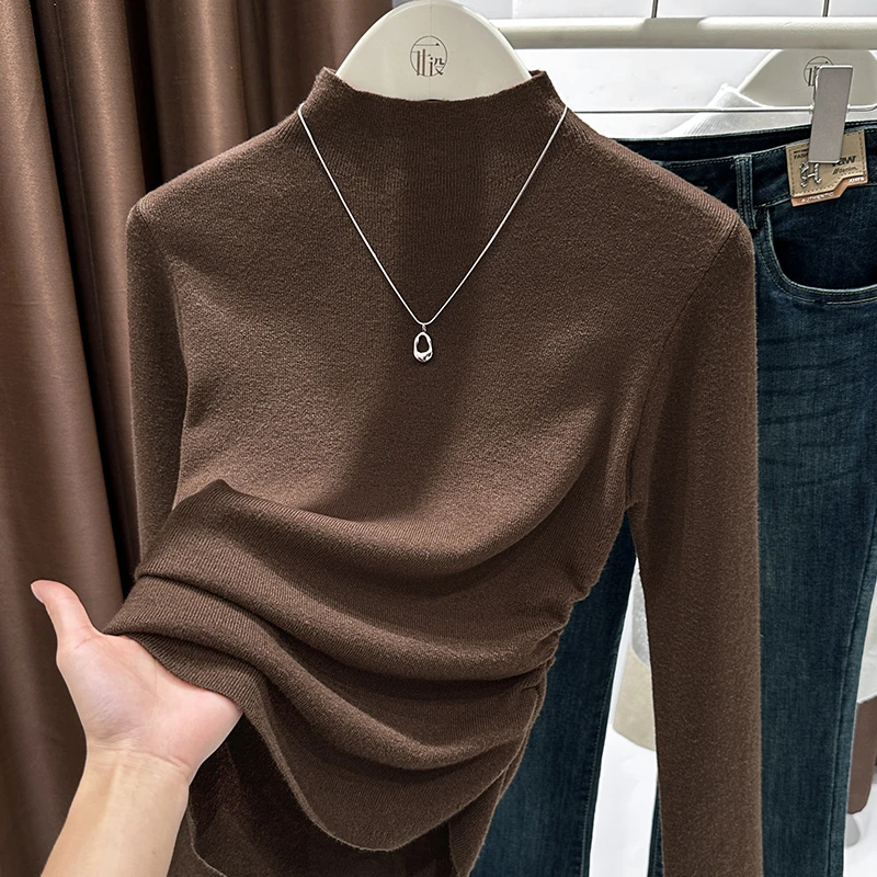 秋冬美拉德咖色内搭女立领修身两侧褶皱设计感长袖t恤打底衫上衣