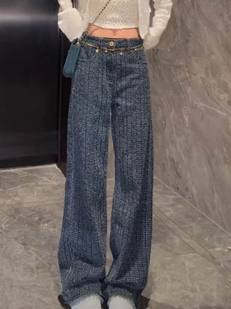 韩版重工烫钻毛边牛仔裤女2025秋季港味洋气设计感显瘦阔腿长裤子