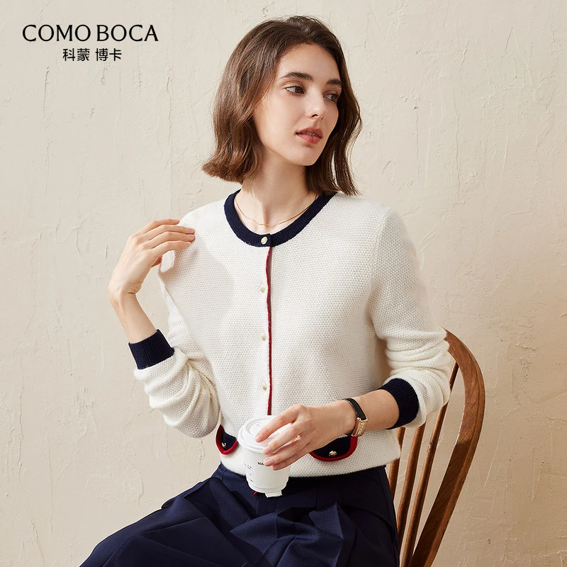COMOBOCA/科蒙·博卡秋冬撞色时尚百搭女针织纯羊绒开衫KSS1838