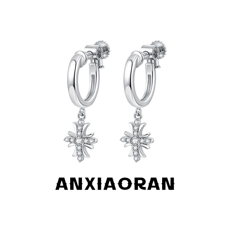 合金锆石耳饰 鸢尾花十字架无耳洞耳夹欧美嘻哈潮流螺丝款耳环男