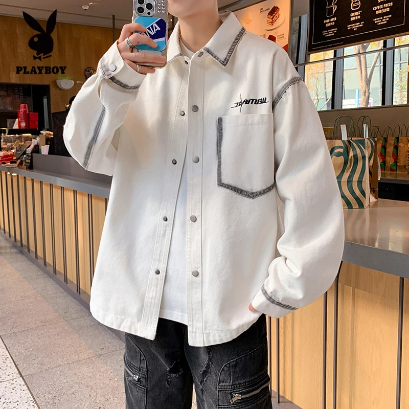 花花公子2025春秋季新款青少年男生日系复古宽松牛仔衬衫男装上衣