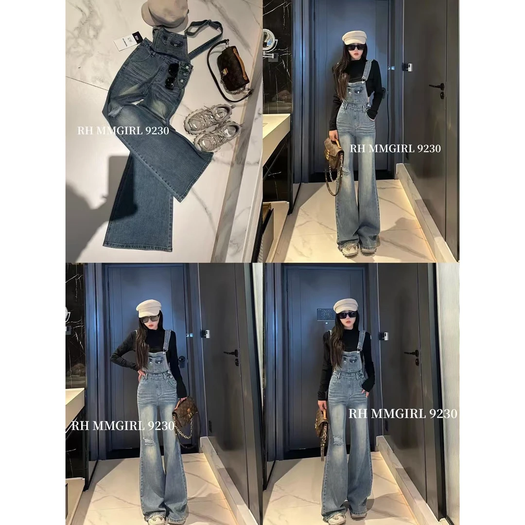 复古港风高腰破洞小众时尚感休闲微喇修身显瘦牛仔背带裤子 K2518