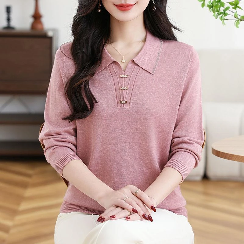 中年妈妈春秋翻领针织衫新款长袖T恤女士洋气时尚红色毛衣打底衫