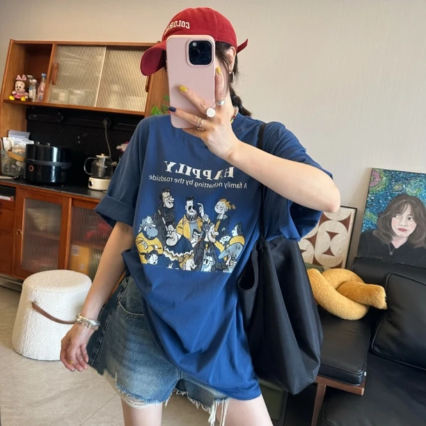 qiqi/琦琦推荐 韩版宽松休闲男友风卡通人物组合图案印花短袖T恤