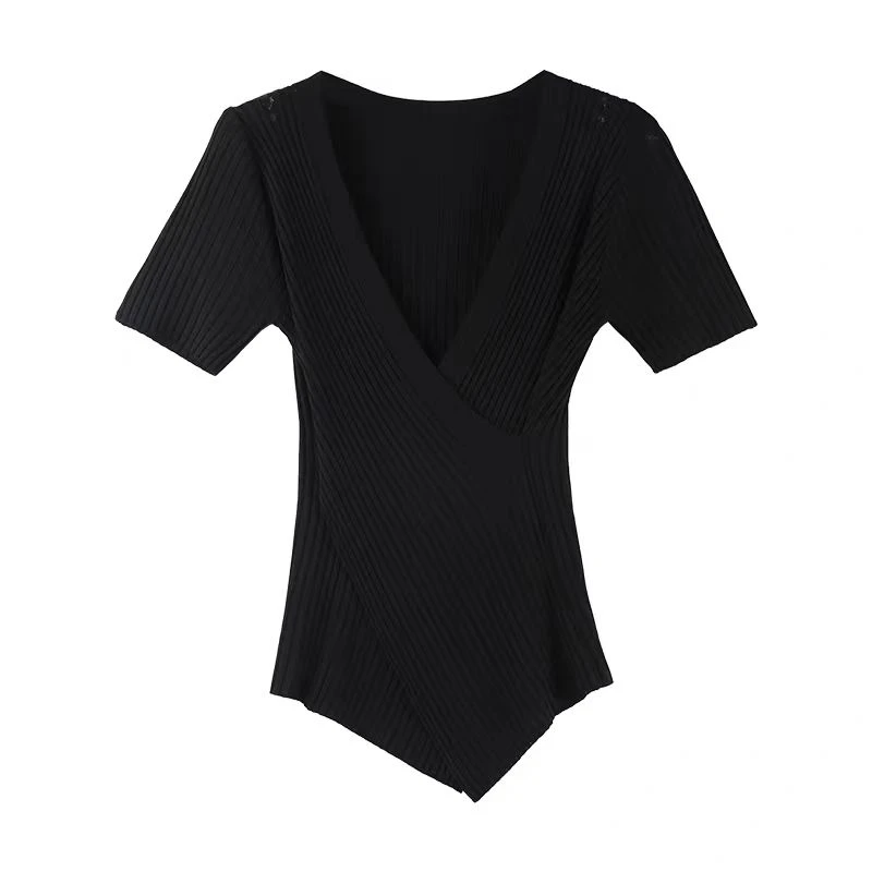 [慢慢壹店]冰丝针织短袖上衣女2025年夏季新款V领收腰遮肚子211