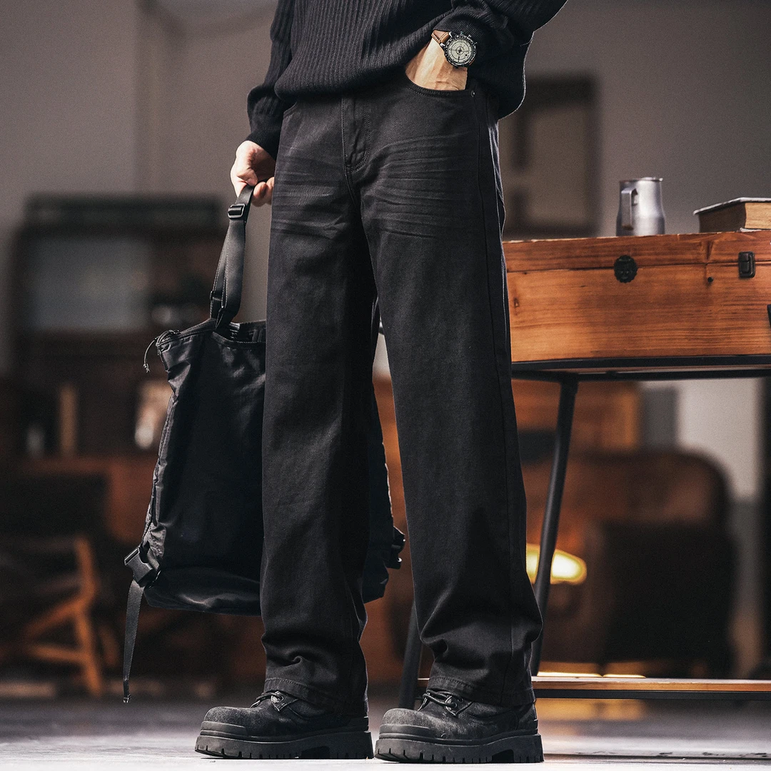 格蓝鹿美式复古宽松黑色斜纹男士牛仔裤2025秋季加绒休闲直筒裤子