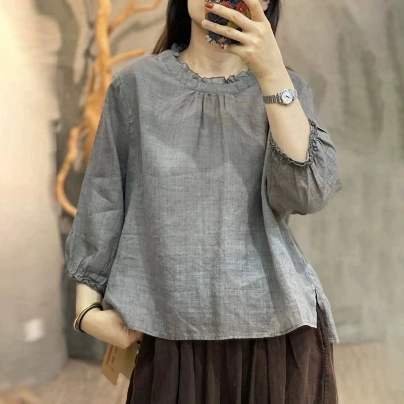 文艺复古灰色棉麻茶艺服女2025新款木耳领衬衣亚麻九分袖套头上衣