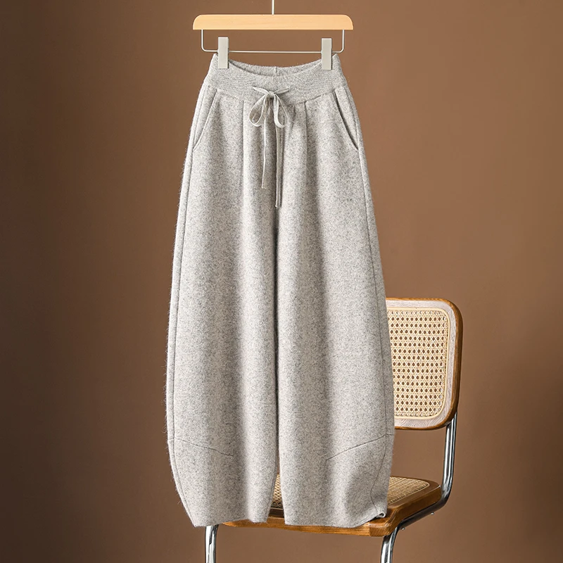 正品休闲羊毛阔腿香蕉裤女秋冬加厚宽松弯刀气球裤显瘦镰刀裤子女