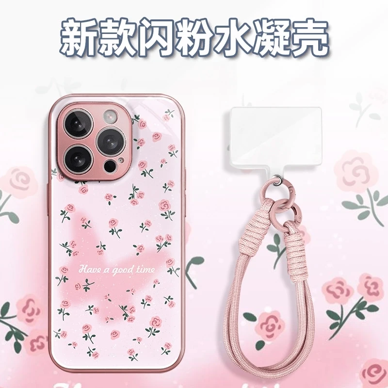 满屏小玫瑰粉蝴蝶水凝玻璃壳适用iPhone苹果16手机壳华为oppo小米