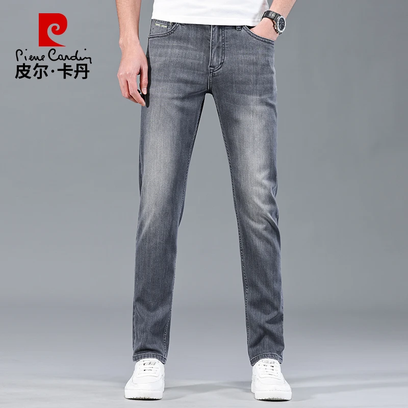 【夏季薄款】皮尔卡丹灰色商务宽松修身小直筒百搭男士牛仔裤22502