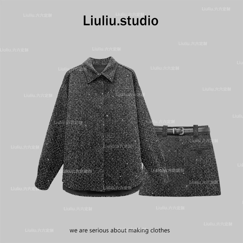 LiuLiu定制【氛围感穿搭】设计师休闲时尚宽松亮钻衬衫+短裙套装