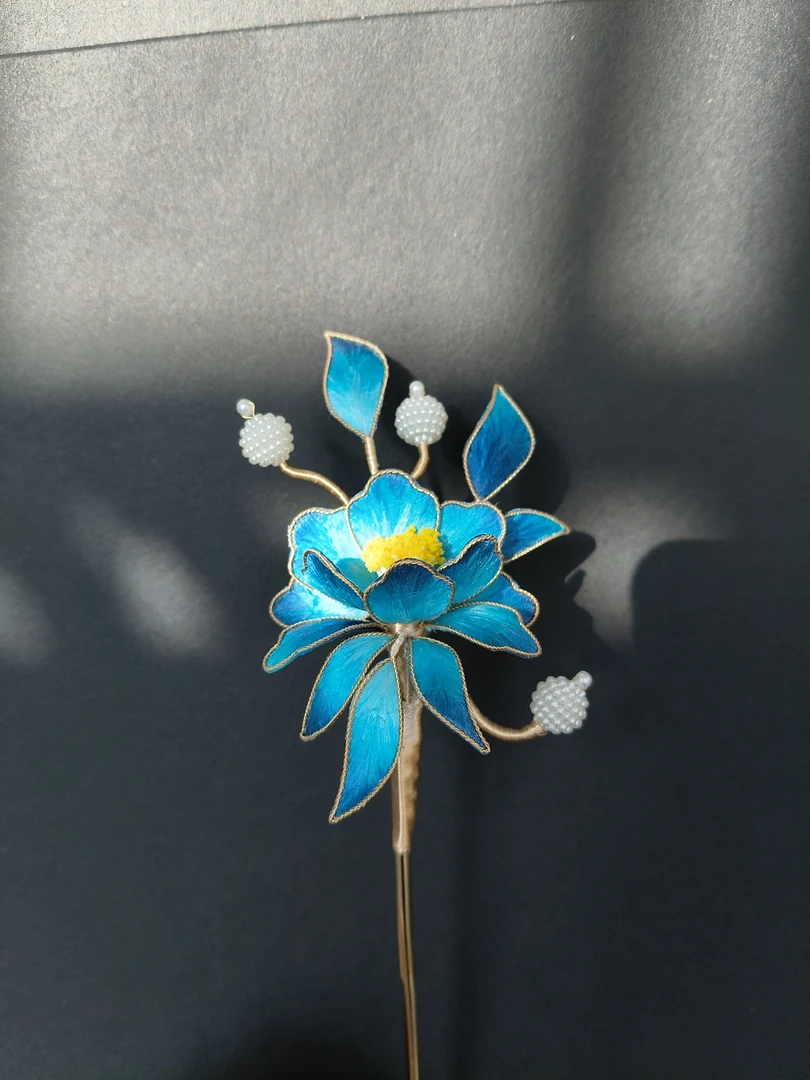 绒花9号非遗绒花掐丝绒花发簪蓝色牡丹