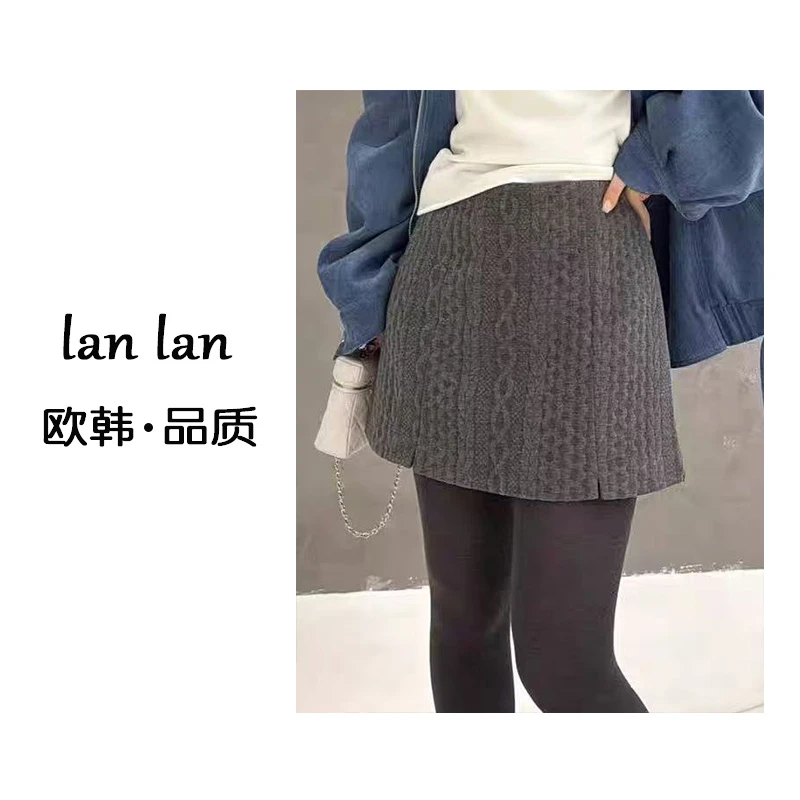 lanlan-冬上新【加绒麻花短裙小a裙】69093韩版时尚高腰显瘦裙子