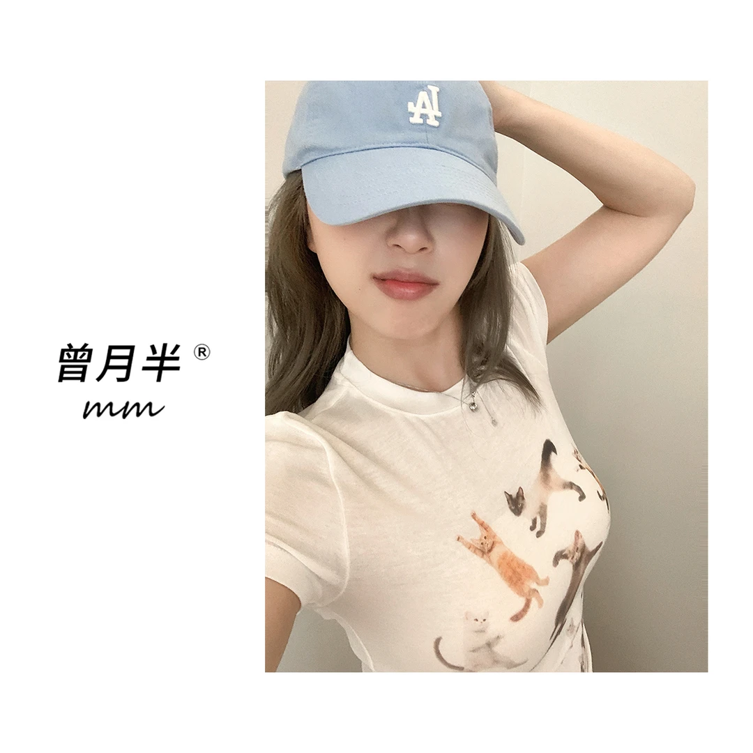 曾月半《招财猫》夏日天丝羊毛猫咪修身印花短袖T恤！ZS1148