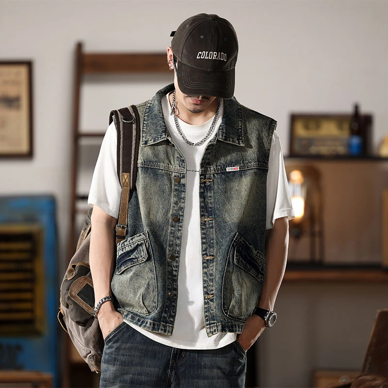 高端美式休闲牛仔马夹外套男款潮牌复古宽松马甲大码工装上衣服潮