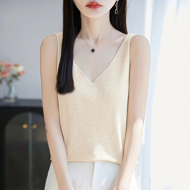 夏季针织打底吊带通勤气质百搭无袖背心外穿简约纯色v领薄款吊带