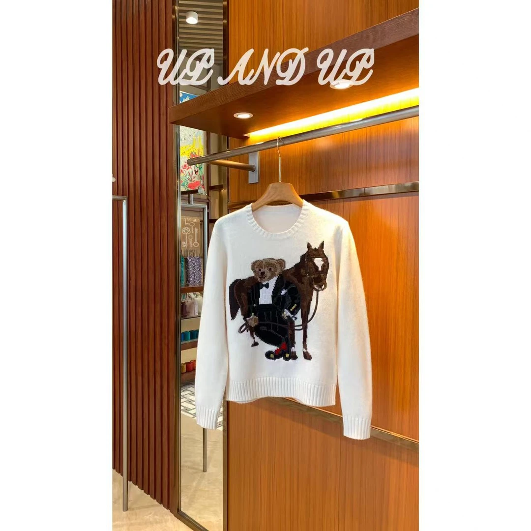 ‘浓郁美式风骑马小熊’  进口纱线手勾嵌花刺绣针织长袖上衣