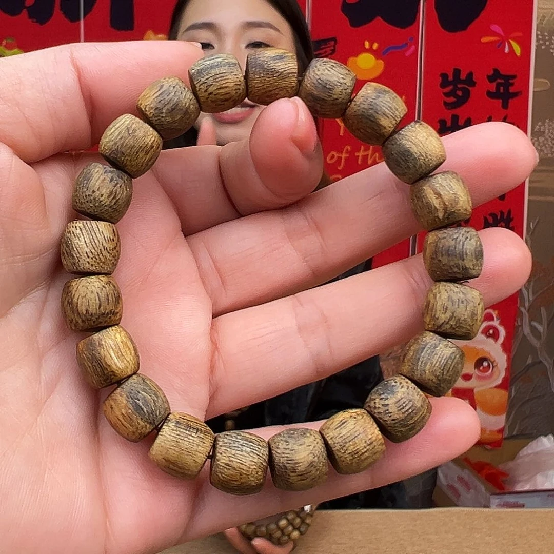 沉香手串海南老白奇金丝蜜结鼓珠单圈一条
