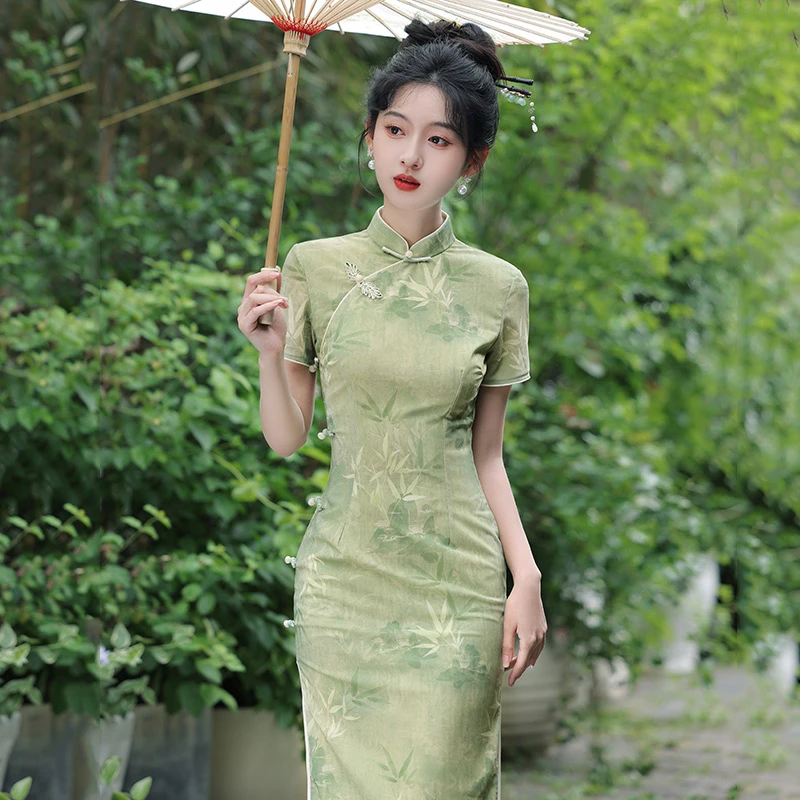 弹力修身收腰+送考+绿色国风中式长款改良旗袍年轻款D19441