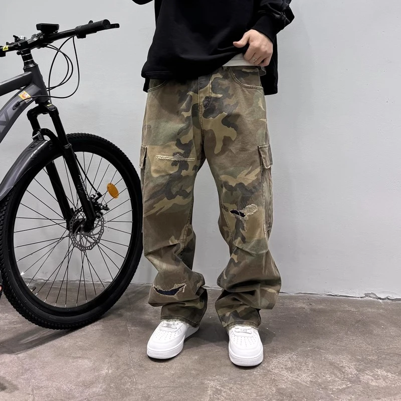 美式迷彩破洞补丁廓形工装裤男女款复古弯刀裤潮牌大口袋直筒长裤