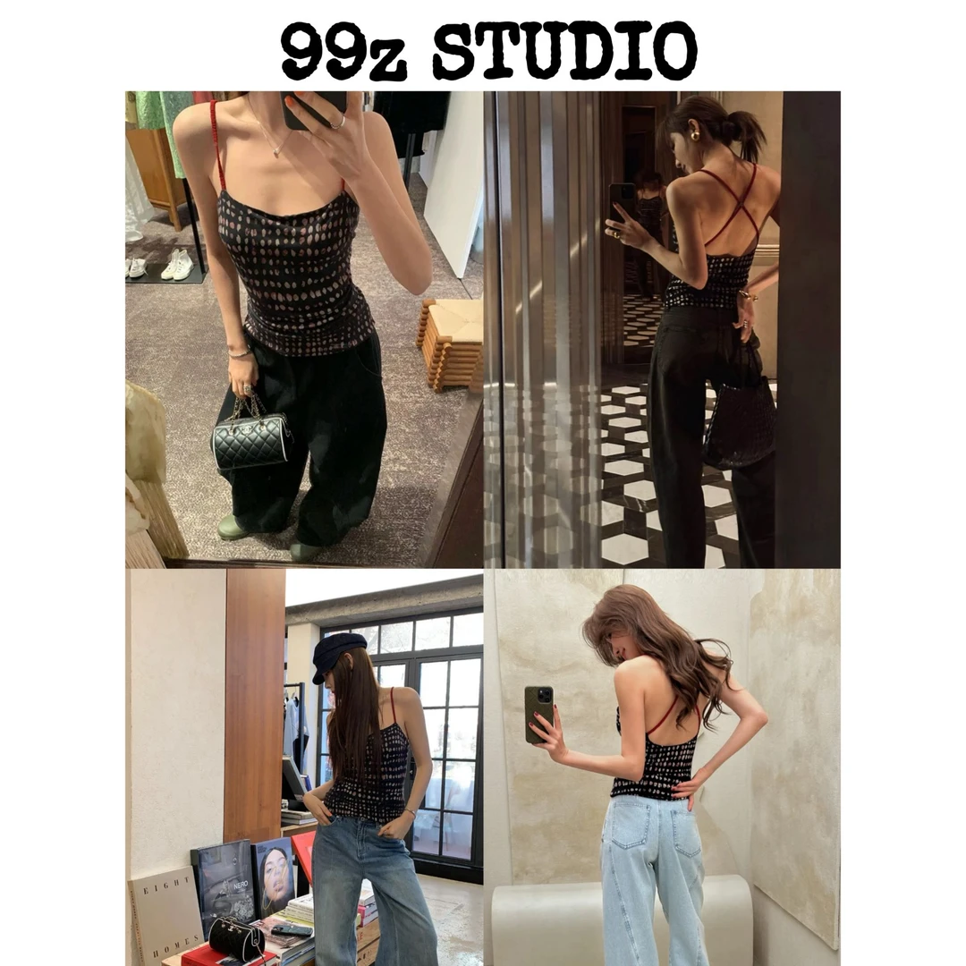 【99z STUDIO】25复古小众波点印花交叉露背辣妹吊带