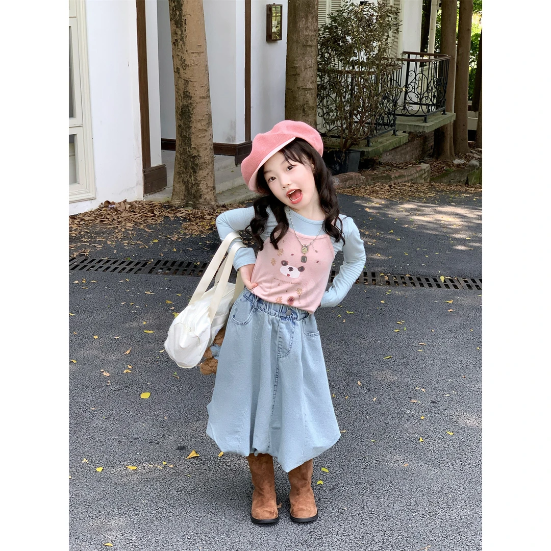 Bmy2025at 秋季新款女童卡通小熊吊带打底背心牛仔花苞裙套装