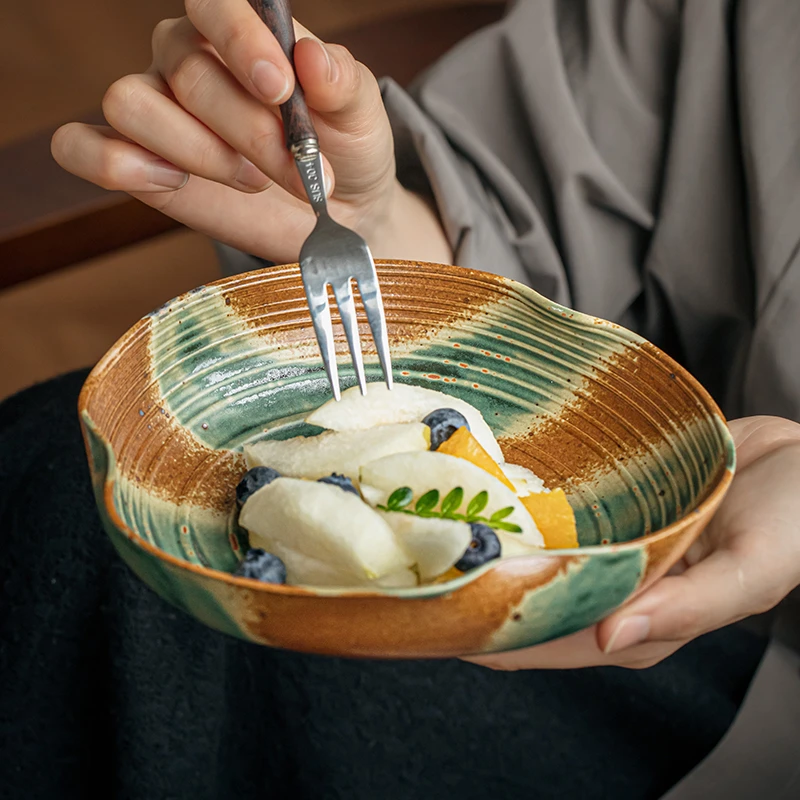 小悠家〖手工肌理感〗7.5英寸螺纹菜碗粗陶异形碗特色沙拉盘微瑕