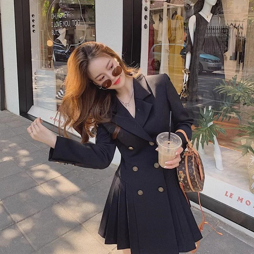 大码女装收腰显瘦西装连衣裙女2023秋季胖mm法式赫本风气质小黑裙