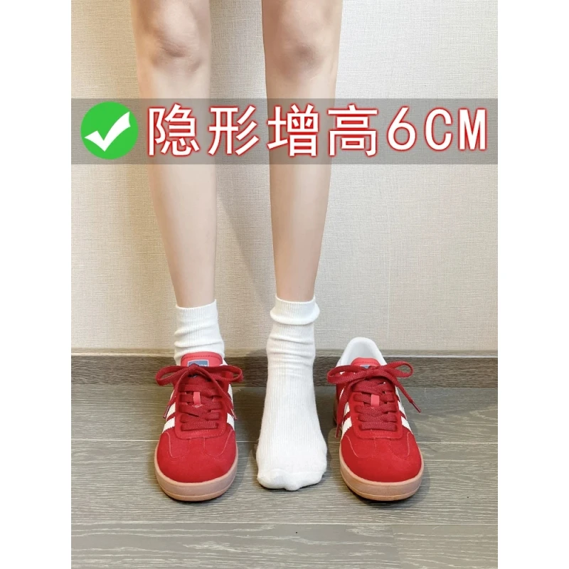 真皮版~6cm内增高红色德训鞋女款软底轻便百搭厚底休闲板鞋阿甘鞋