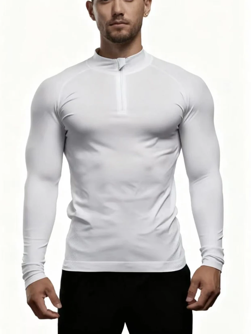 无缝提花健身衣弹力半拉链长袖t恤男士运动训练上衣 Y002（Y007）