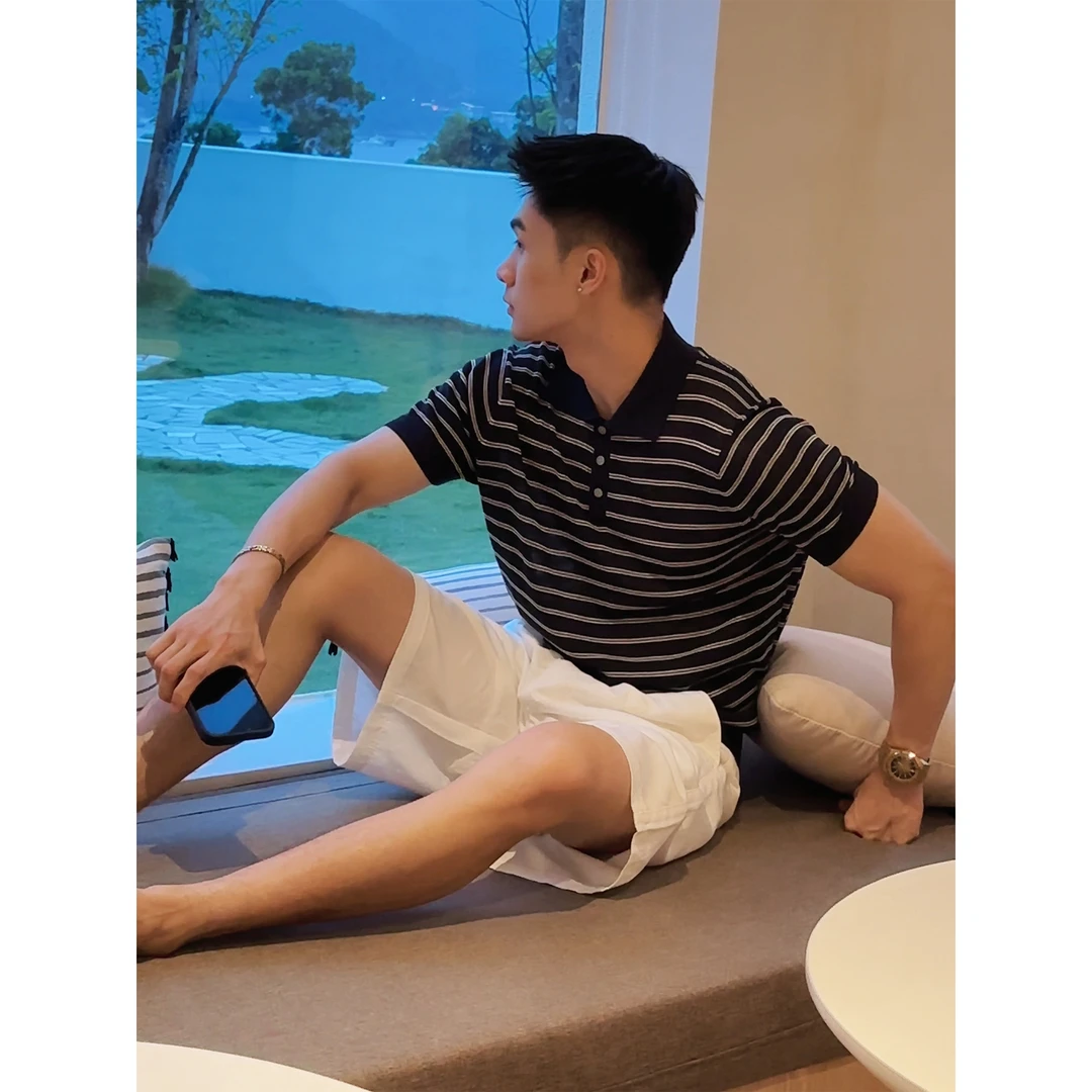 『天丝亚麻 简约松弛』老钱风高端松弛感条纹拼色堆积感针织POLO衫