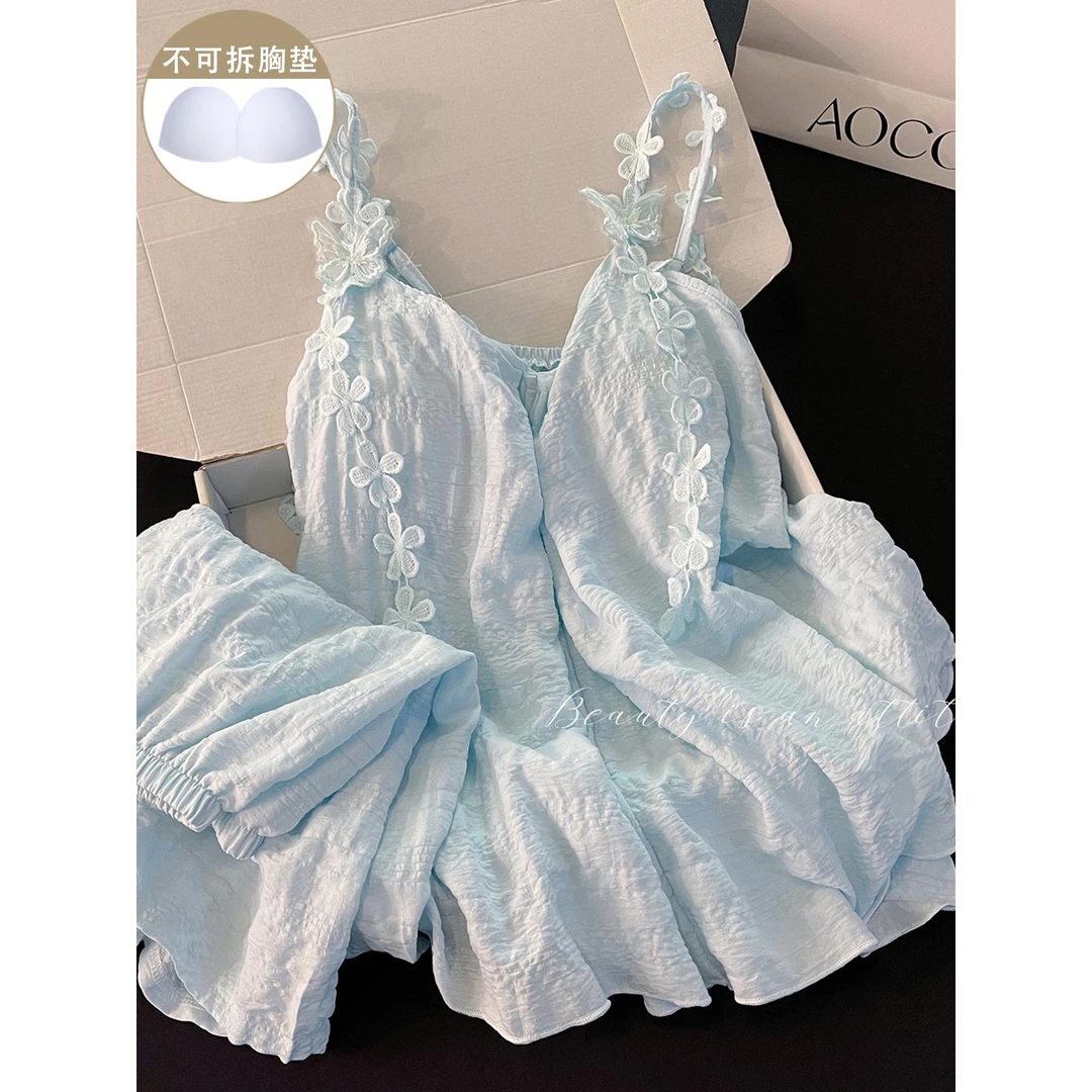 带胸垫睡衣女夏季新款蓝色纯棉花朵吊带短裤甜美宽松家居服两件套