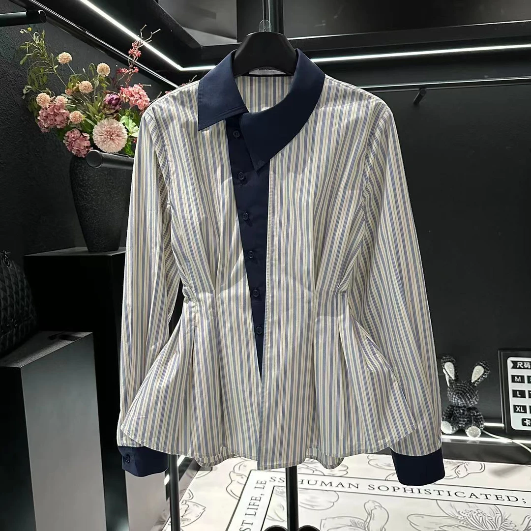 2025春季新款法式收腰显瘦蓝色条纹衬衫女时尚漂亮撞色衬衣潮米