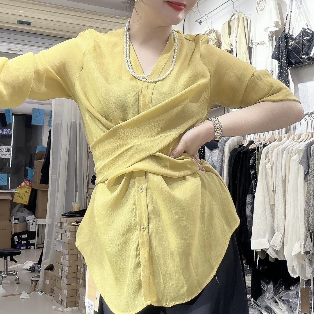 【盼盼精选】马卡龙色绑带衬衫个性女人味轻熟个性防晒衬衫