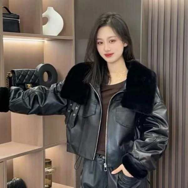 【薪多多推荐】短款拉链黑色时尚皮衣外套女-DUODUO-502