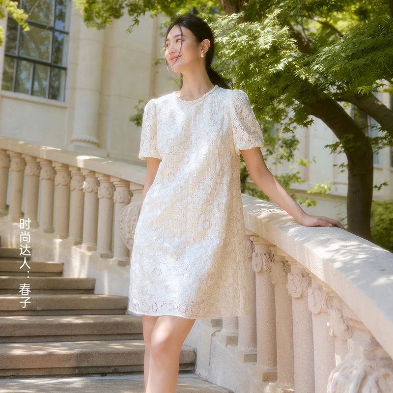 【白月光】立体花纹|珠片贴绣白色蕾丝时尚连衣裙法式收腰优雅夏季