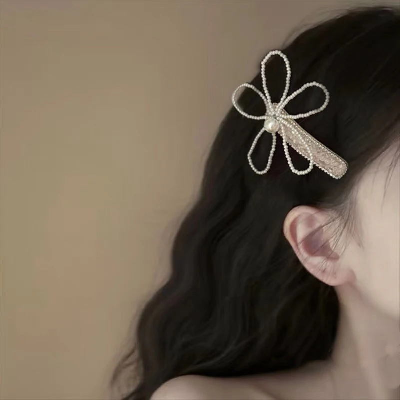 嗲贵千金~韩系甜美珍珠花朵发夹刘海夹女高级感精致发卡早春发饰