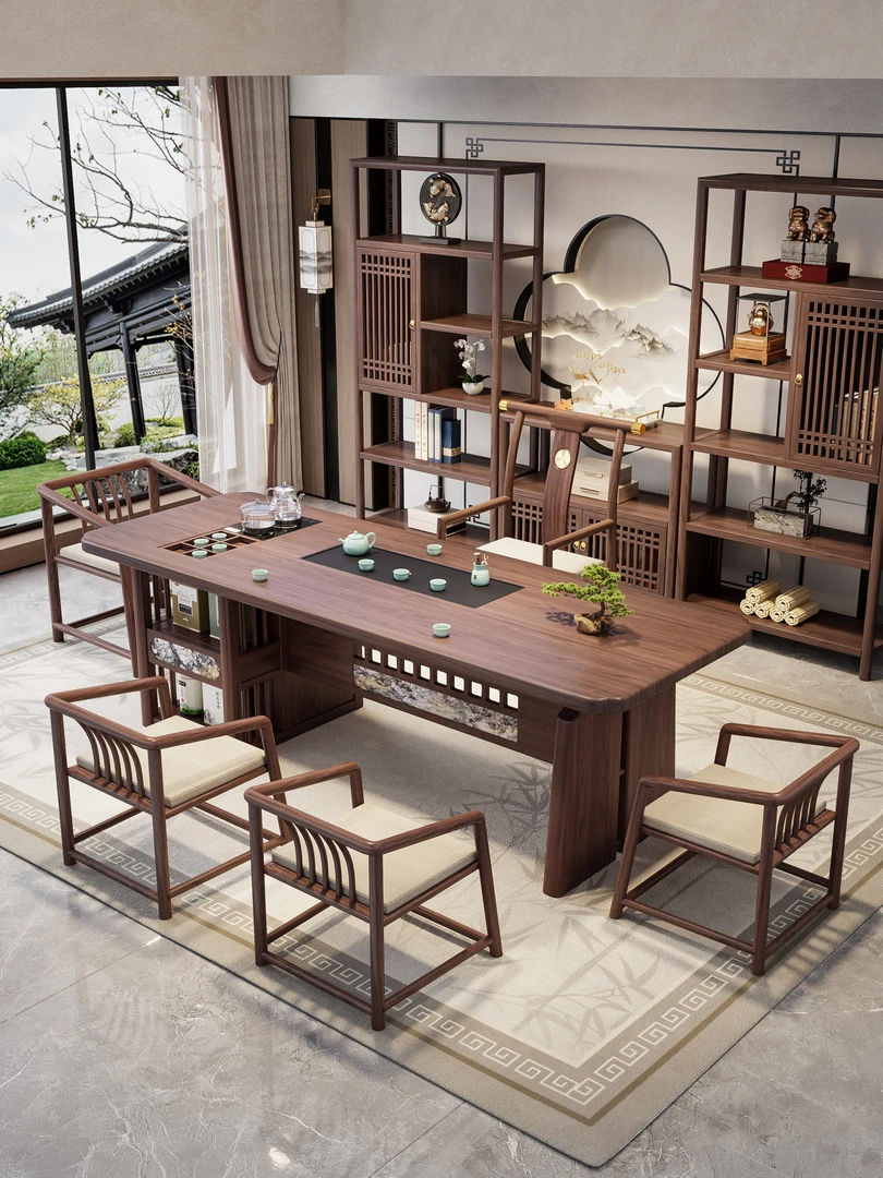 新中式茶桌椅组合全实木大板茶台一桌五椅家用办公泡茶台