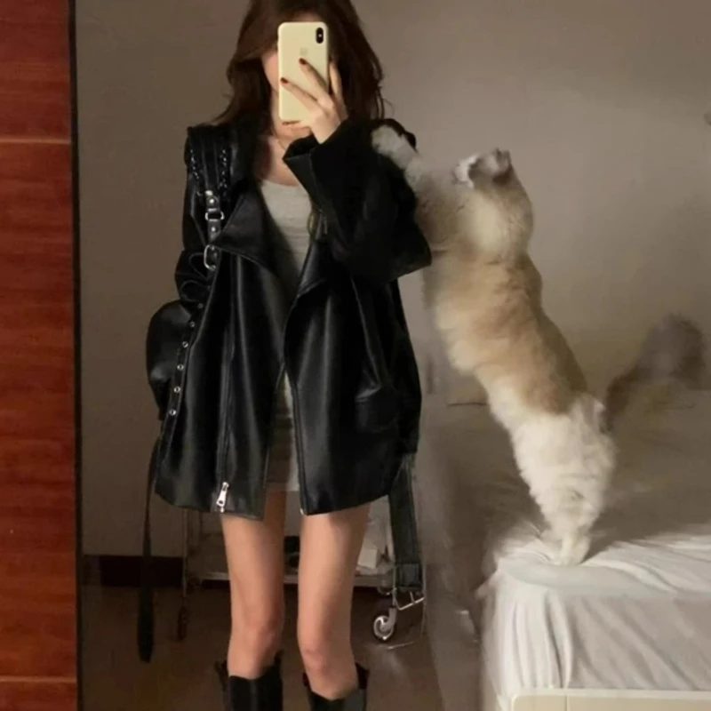 黑色西装领pu皮衣外套女春秋小众设计感韩系穿搭痞帅机车夹克上衣