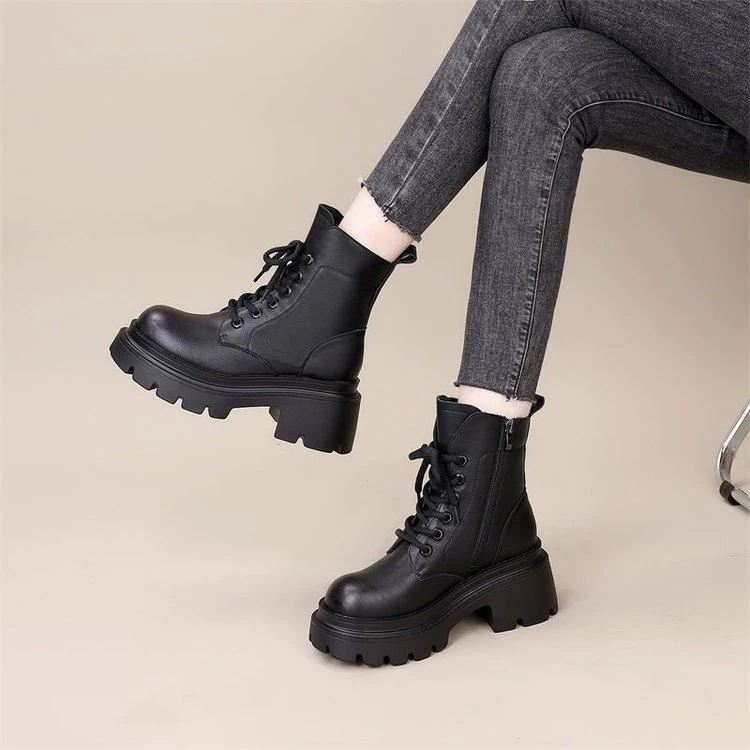 【万达撤柜】英伦风厚底马丁靴女春秋2025新款真皮复古增高粗跟短靴