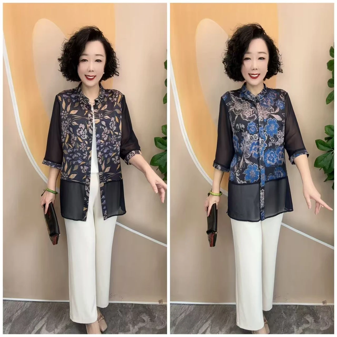 17夏新款拼接花色中老年洋气宽松大码开衫衬衫上衣，衣长76